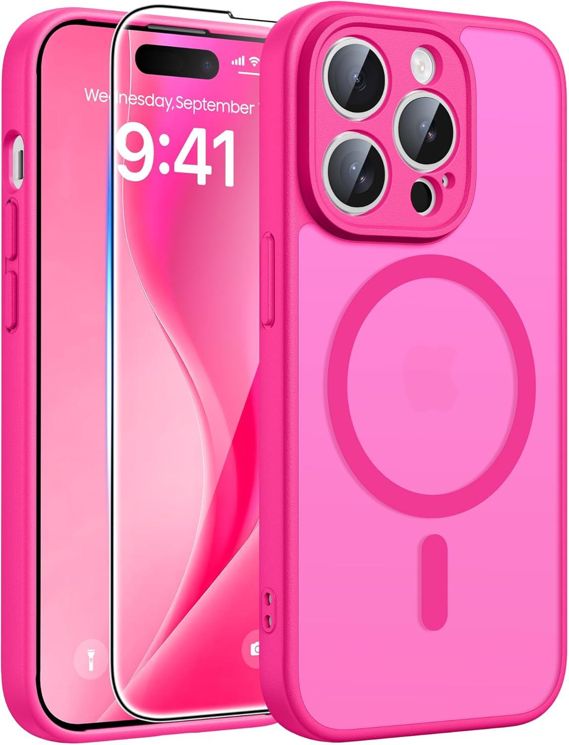 imageFNTCASE for Google Pixel 10a Case Compatible with Magsafe Translucent Matte Cases with Screen Protector Military Grade Shockproof Protective Magnetic Phone Cover for Pixel 10A BlackHot Pink