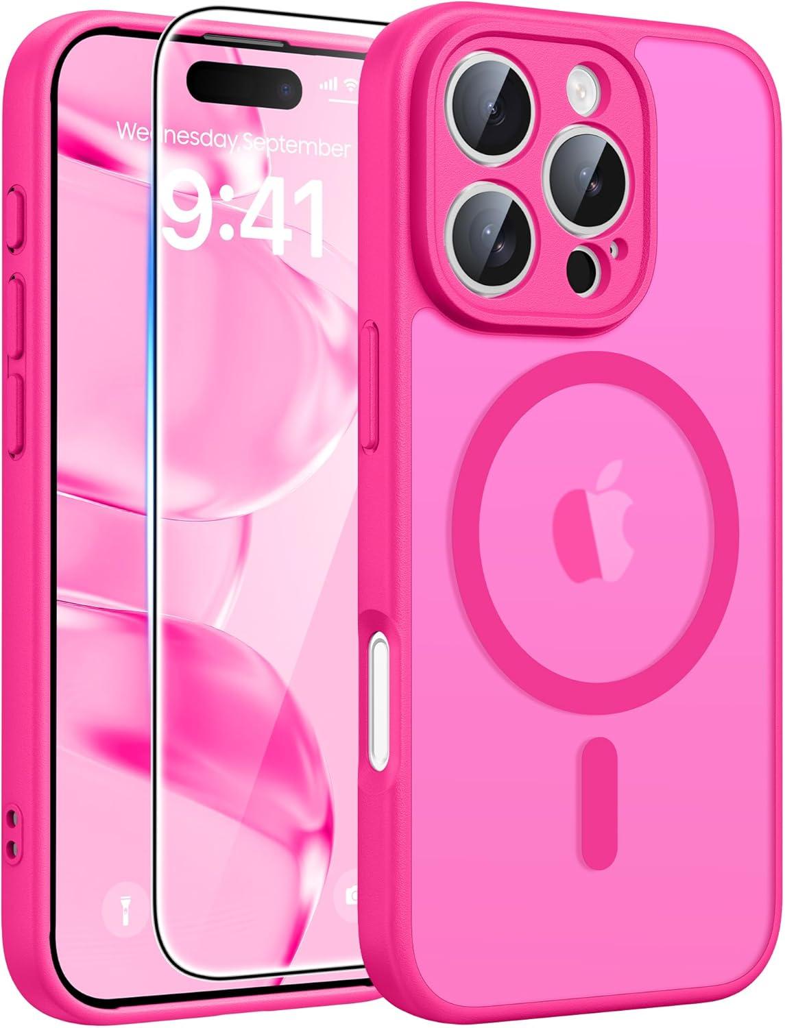 imageFNTCASE for Google Pixel 10a Case Compatible with Magsafe Translucent Matte Cases with Screen Protector Military Grade Shockproof Protective Magnetic Phone Cover for Pixel 10A BlackHot Pink