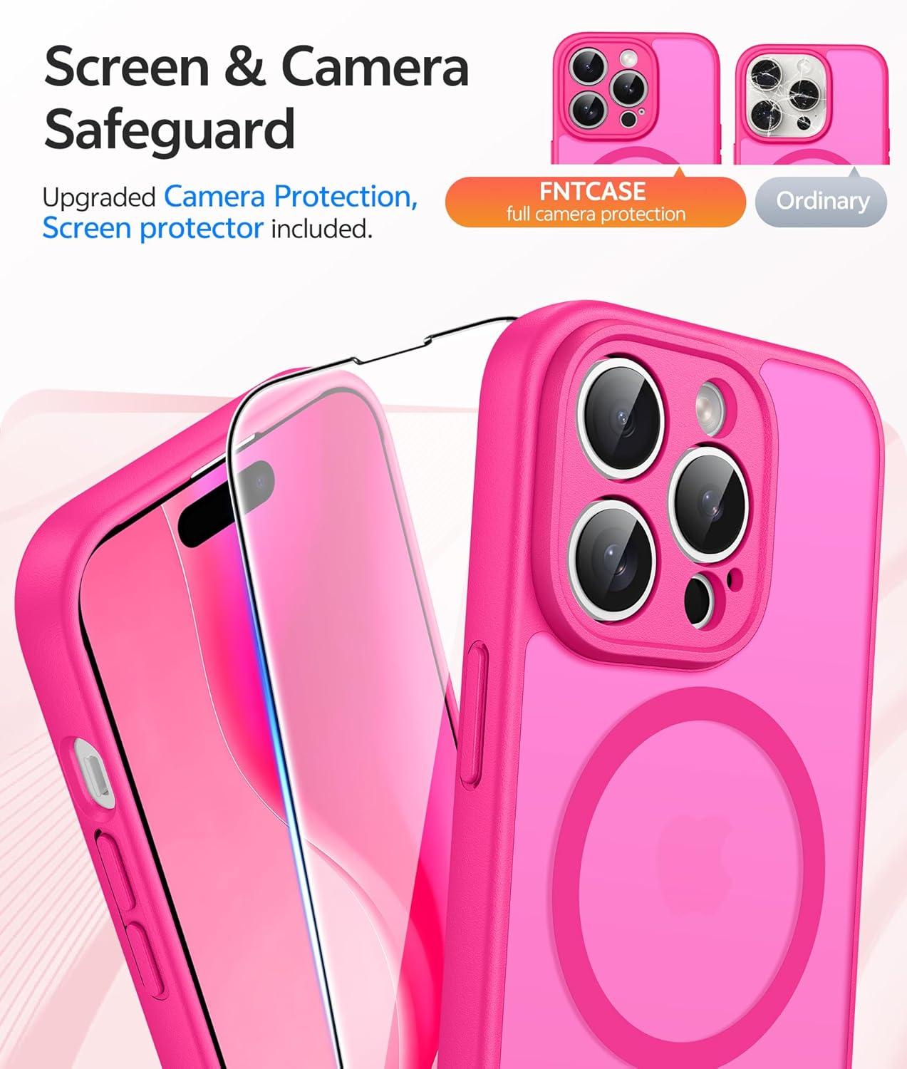 imageFNTCASE for Google Pixel 10a Case Compatible with Magsafe Translucent Matte Cases with Screen Protector Military Grade Shockproof Protective Magnetic Phone Cover for Pixel 10A BlackHot Pink