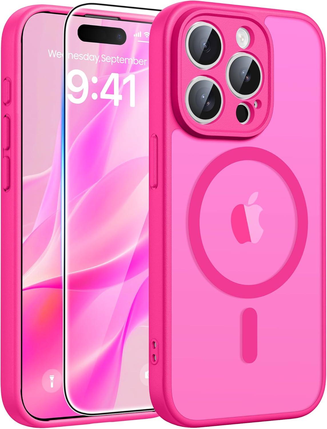 imageFNTCASE for Google Pixel 10a Case Compatible with Magsafe Translucent Matte Cases with Screen Protector Military Grade Shockproof Protective Magnetic Phone Cover for Pixel 10A BlackHot Pink