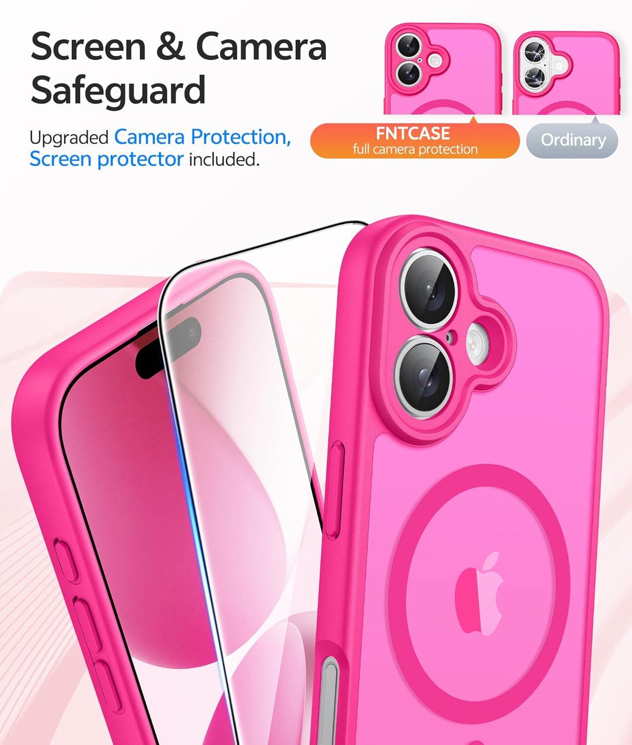 imageFNTCASE for Google Pixel 10a Case Compatible with Magsafe Translucent Matte Cases with Screen Protector Military Grade Shockproof Protective Magnetic Phone Cover for Pixel 10A BlackHot Pink