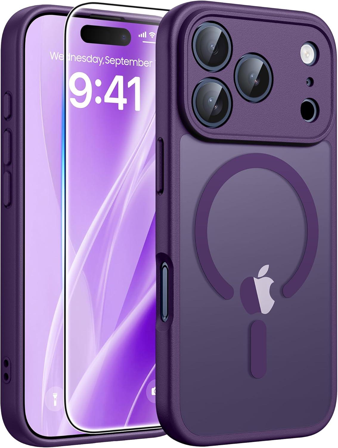 imageFNTCASE for Google Pixel 10a Case Compatible with Magsafe Translucent Matte Cases with Screen Protector Military Grade Shockproof Protective Magnetic Phone Cover for Pixel 10A BlackPurple