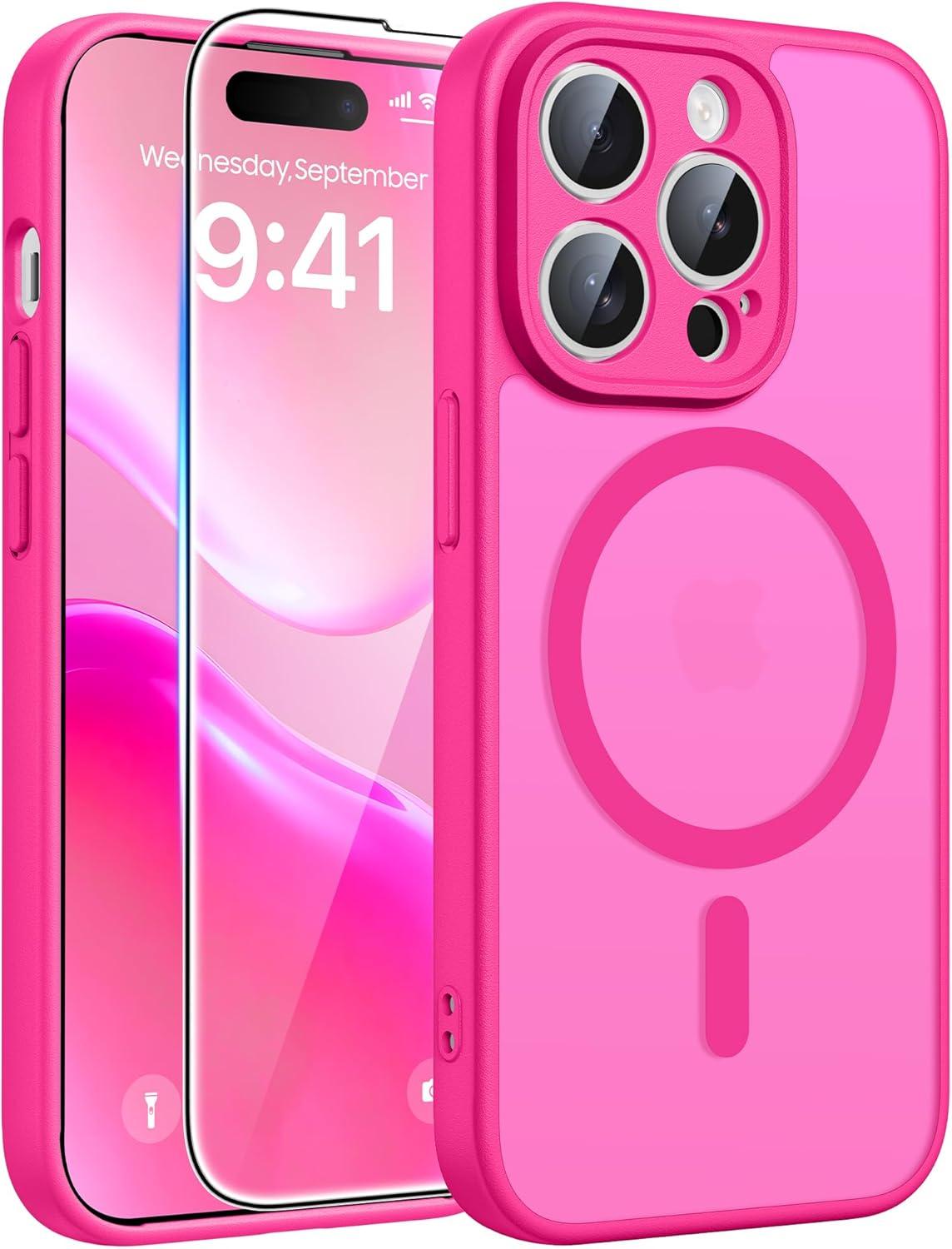 imageFNTCASE for Google Pixel 10a Case Compatible with Magsafe Translucent Matte Cases with Screen Protector Military Grade Shockproof Protective Magnetic Phone Cover for Pixel 10A BlackHot Pink