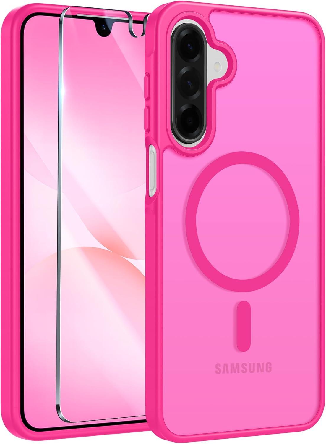 imageFNTCASE for Google Pixel 10a Case Compatible with Magsafe Translucent Matte Cases with Screen Protector Military Grade Shockproof Protective Magnetic Phone Cover for Pixel 10A BlackHot Pink