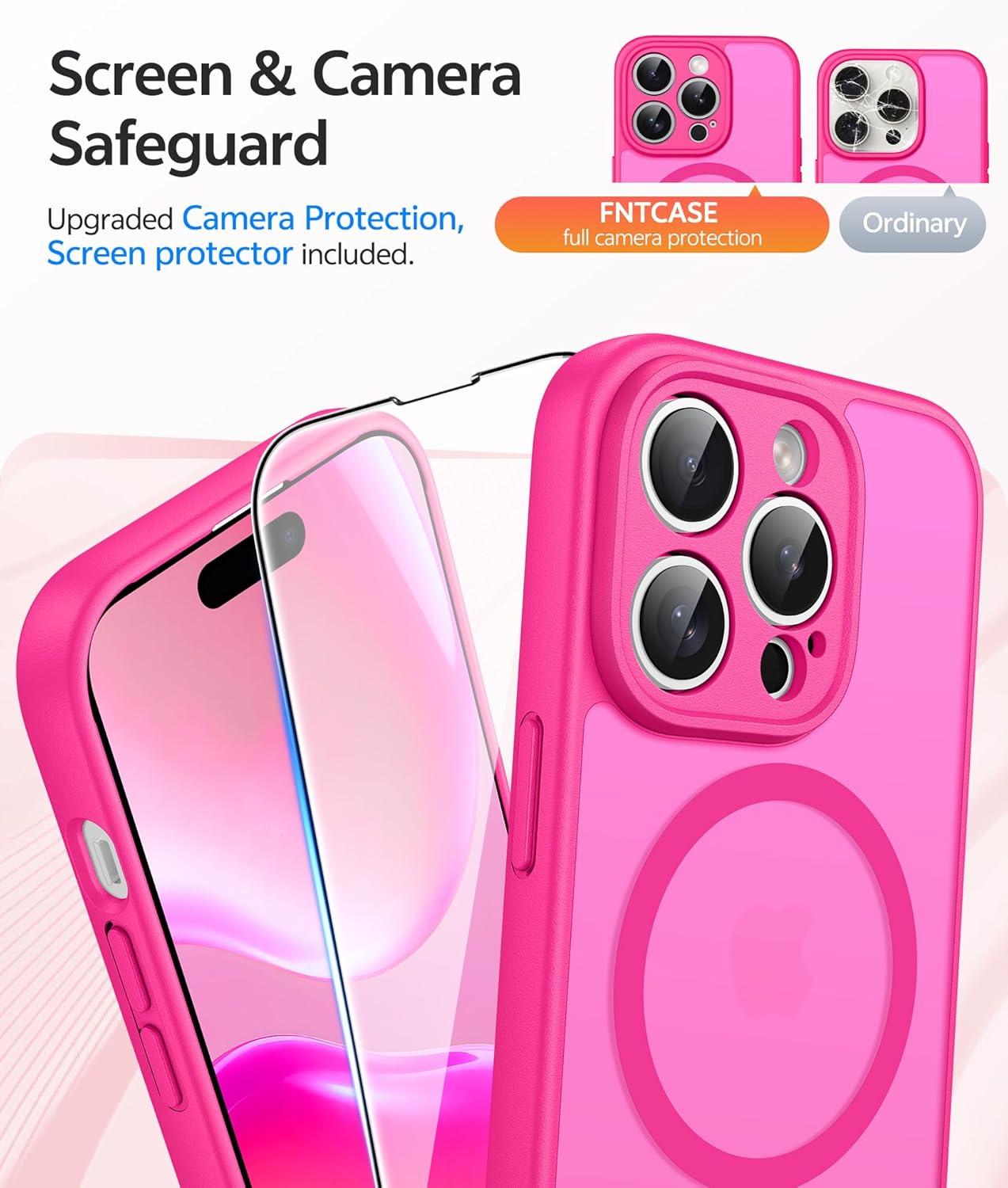 imageFNTCASE for Google Pixel 10a Case Compatible with Magsafe Translucent Matte Cases with Screen Protector Military Grade Shockproof Protective Magnetic Phone Cover for Pixel 10A BlackHot Pink