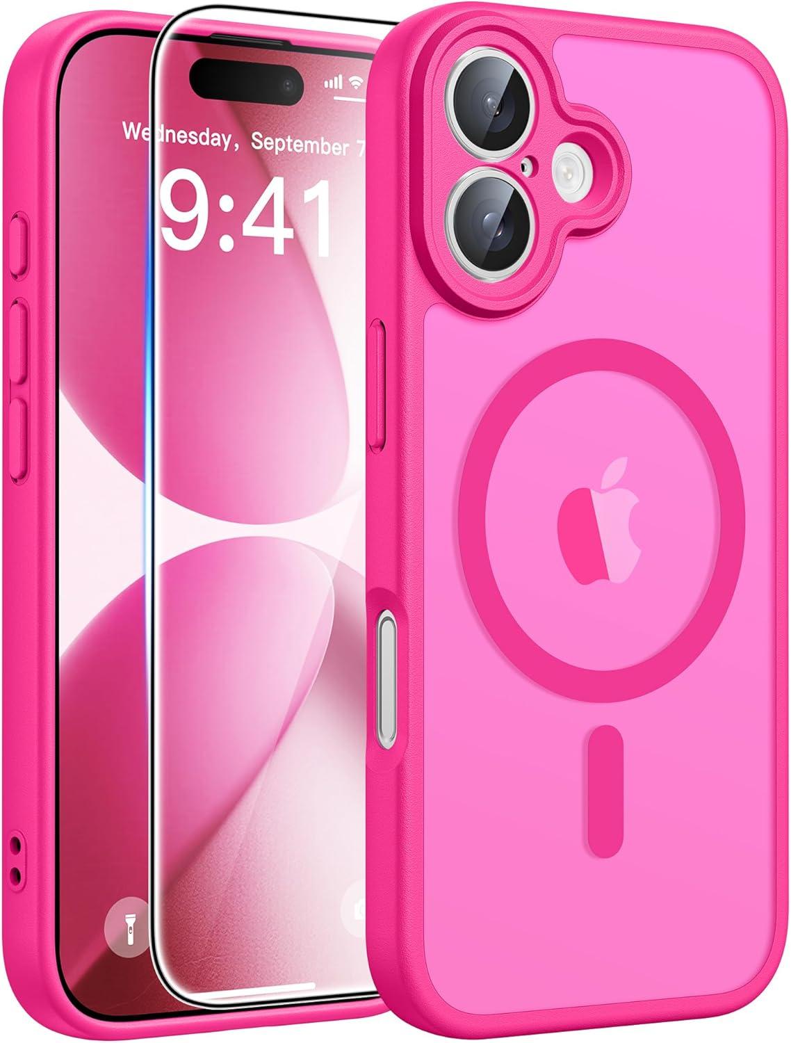 imageFNTCASE for Google Pixel 10a Case Compatible with Magsafe Translucent Matte Cases with Screen Protector Military Grade Shockproof Protective Magnetic Phone Cover for Pixel 10A BlackHot Pink