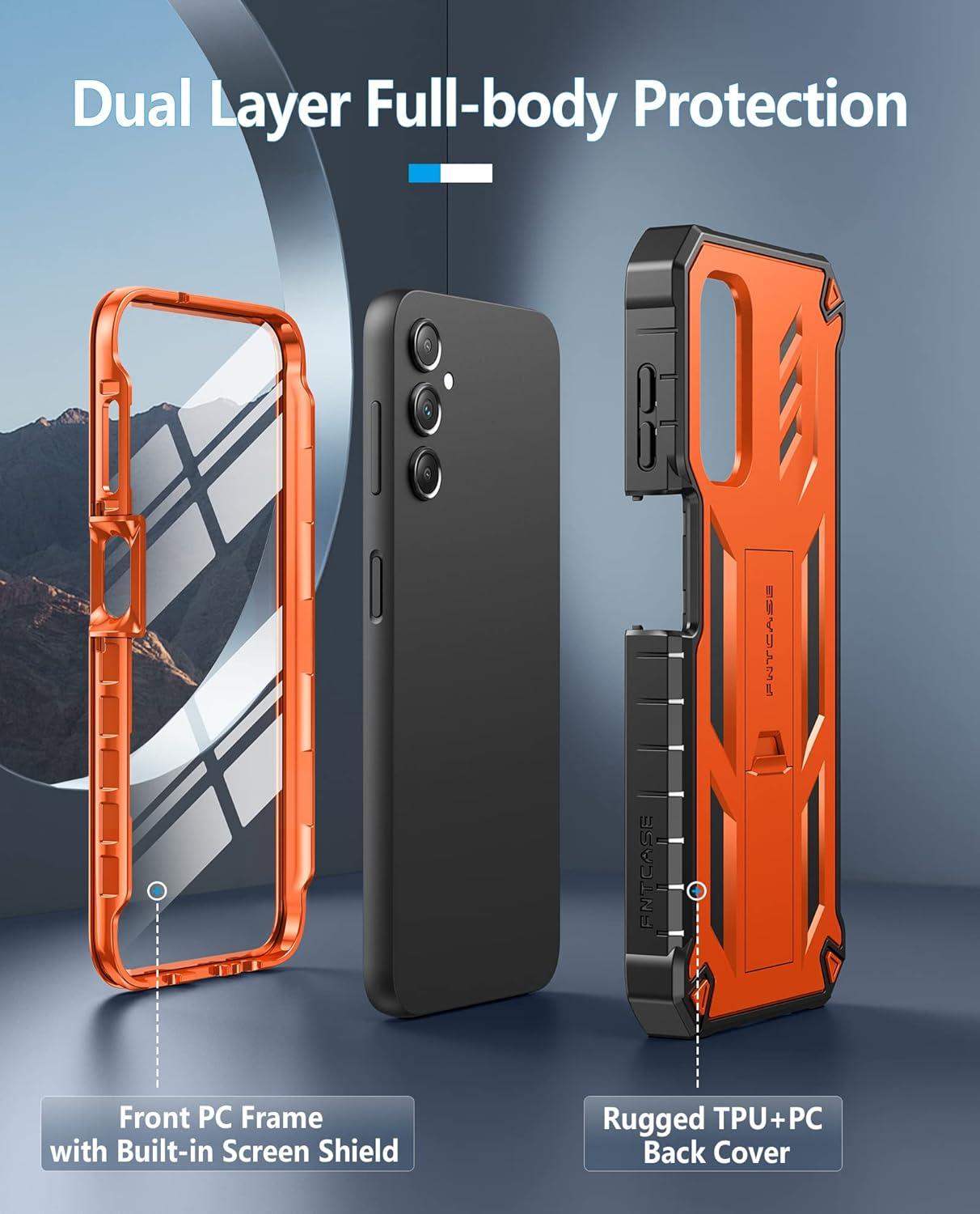 imageFNTCASE for Samsung Galaxy A145G Case DualLayer Protective Textured Shockproof Rugged TPU Cover with Kickstand Military Grade Drop Protection Heavy Duty Cell Phone Protector BlackOrange