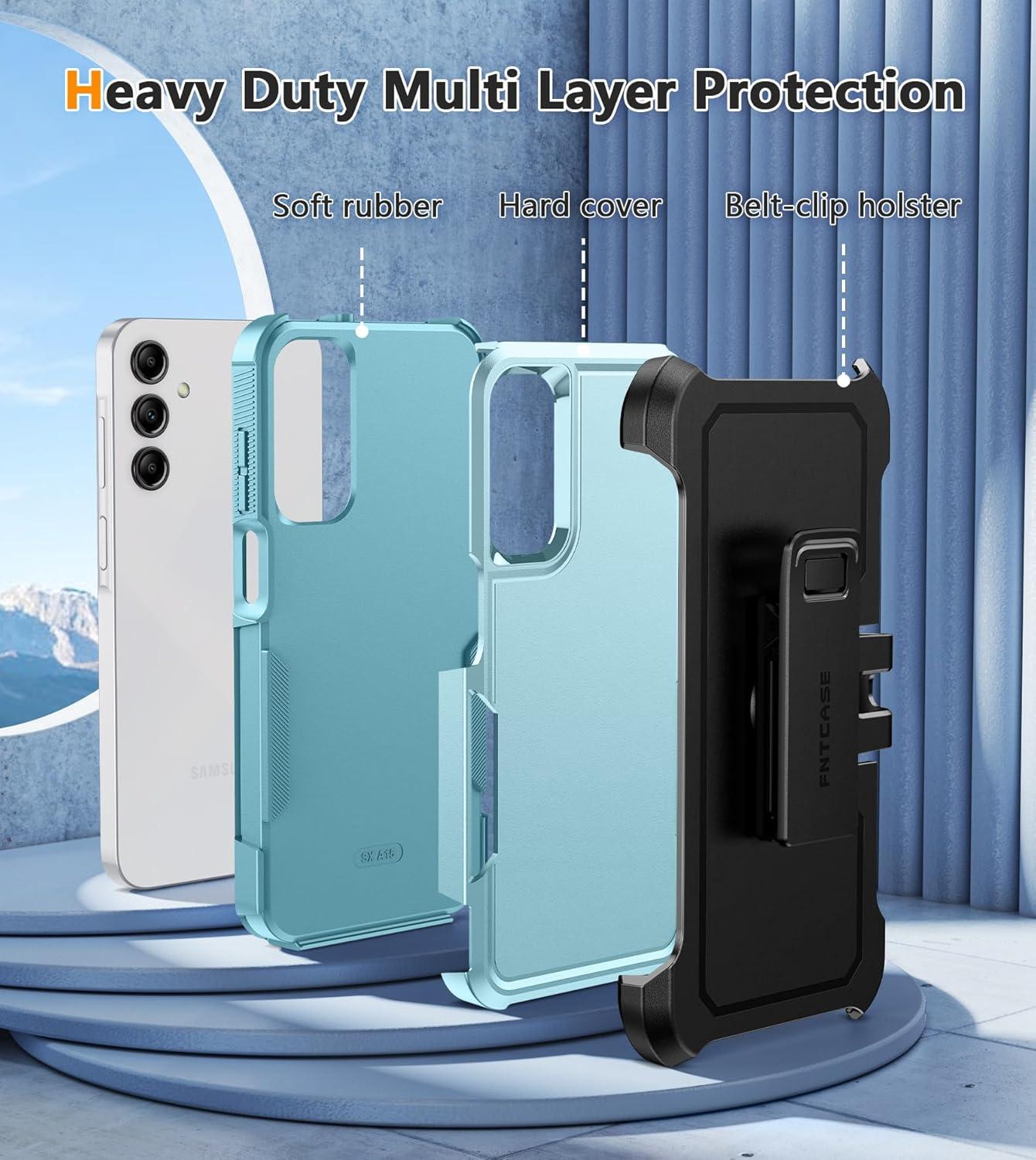 imageFNTCASE for Samsung Galaxy A155G Case Dual Layer Military Grade Drop Protection Cell Phone Cover with BeltClip Holster Shockproof Rugged Durable Heavy Duty Protective Bumper Tough BlackMint Green