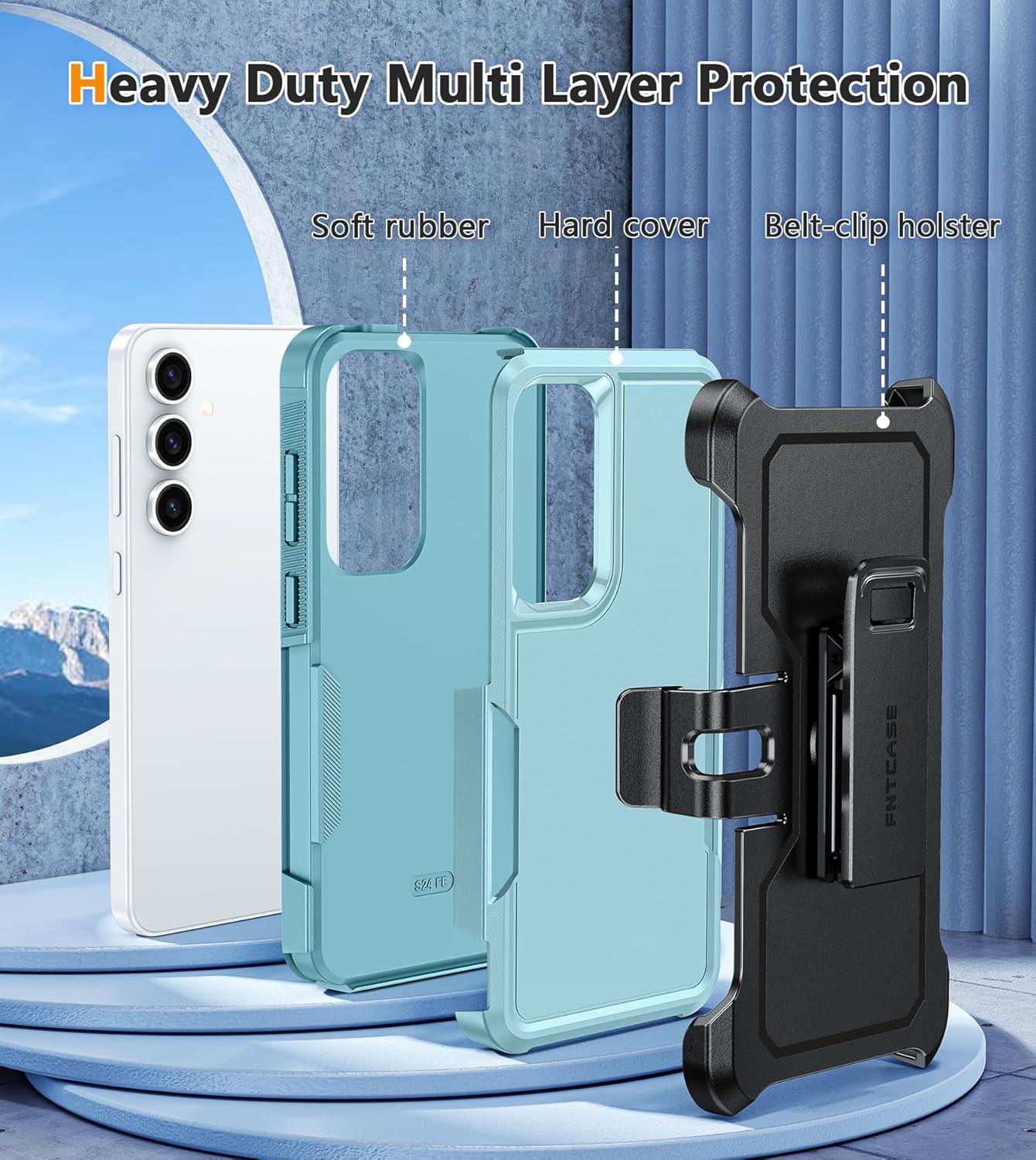imageFNTCASE for Samsung Galaxy A155G Case Dual Layer Military Grade Drop Protection Cell Phone Cover with BeltClip Holster Shockproof Rugged Durable Heavy Duty Protective Bumper Tough BlackMint Green