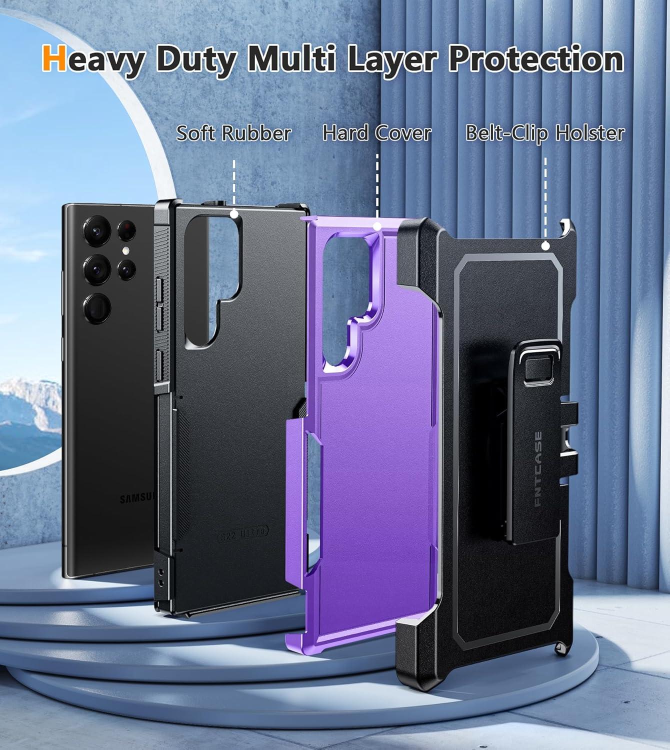 imageFNTCASE for Samsung Galaxy A155G Case Dual Layer Military Grade Drop Protection Cell Phone Cover with BeltClip Holster Shockproof Rugged Durable Heavy Duty Protective Bumper Tough BlackPurple