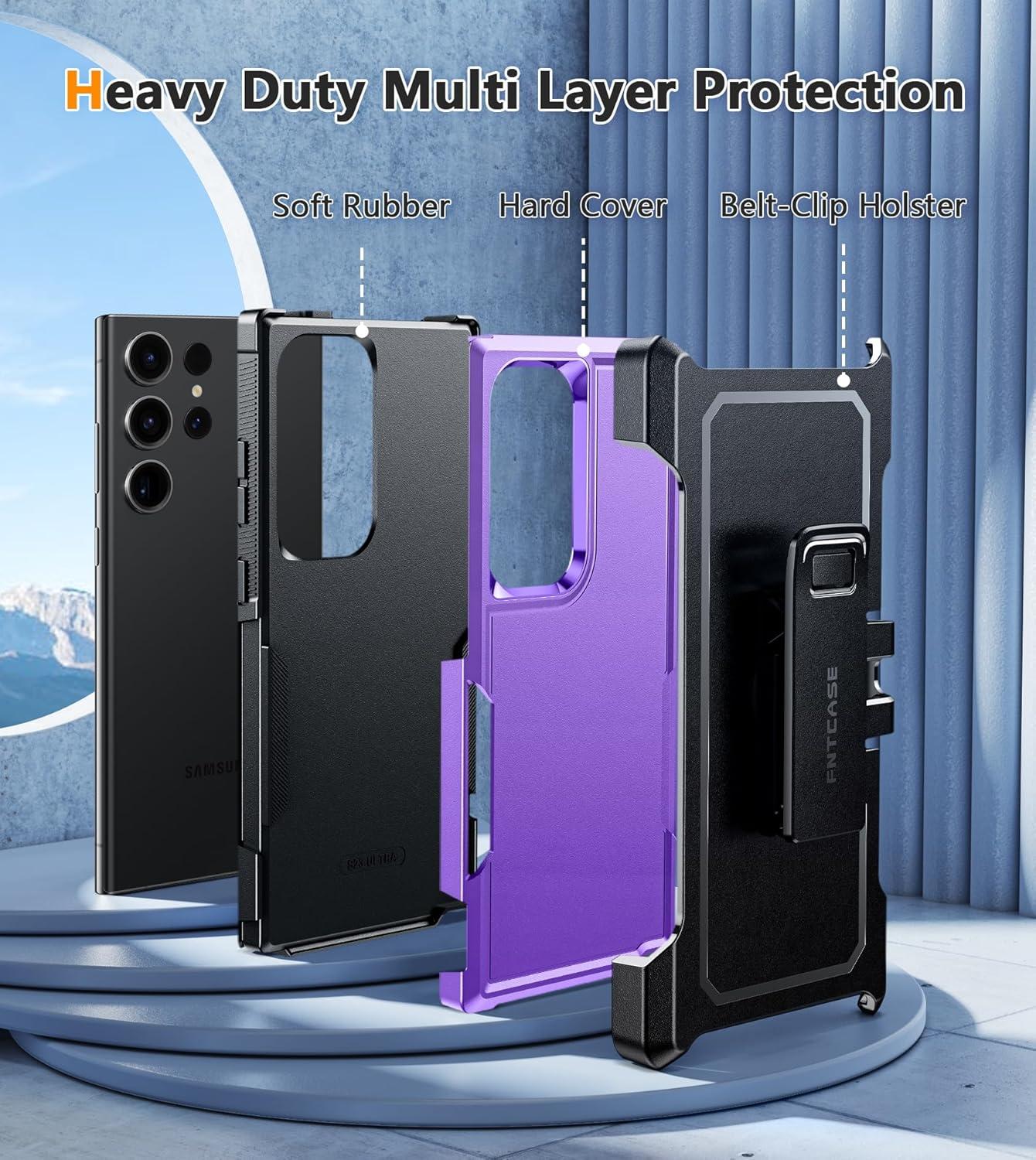 imageFNTCASE for Samsung Galaxy A155G Case Dual Layer Military Grade Drop Protection Cell Phone Cover with BeltClip Holster Shockproof Rugged Durable Heavy Duty Protective Bumper Tough BlackPurple