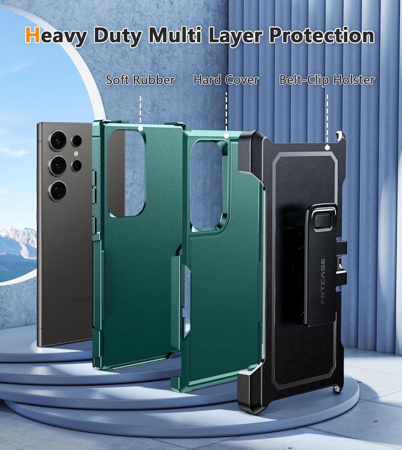 imageFNTCASE for Samsung Galaxy A155G Case Dual Layer Military Grade Drop Protection Cell Phone Cover with BeltClip Holster Shockproof Rugged Durable Heavy Duty Protective Bumper Tough BlackGreen