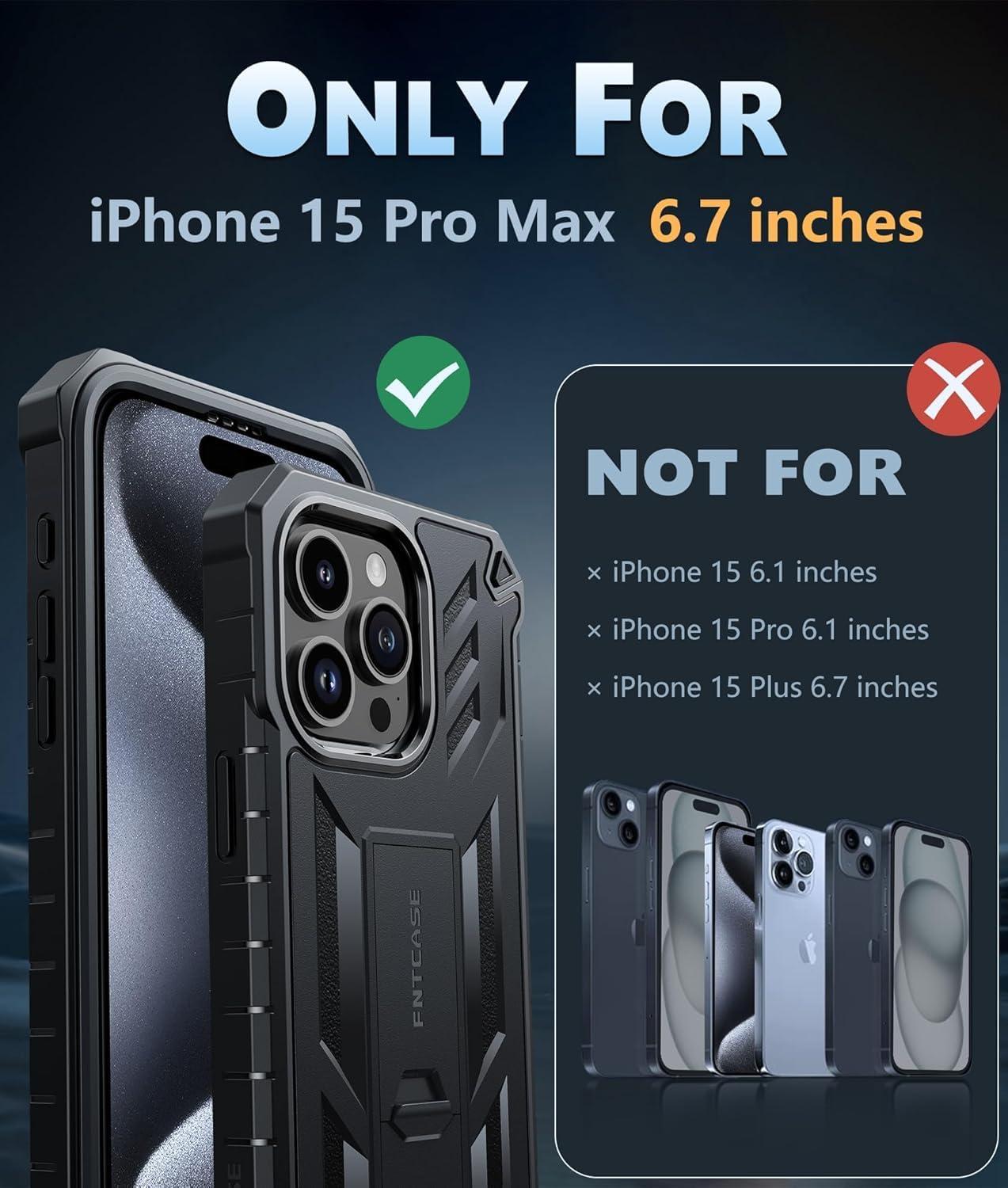 imageFNTCASE for iPhone 15ProMax Case Military Grade Drop Proof Rugged Protective Cell Phone Cover with Kickstand amp Builtin Protector Matte Textured Shockproof TPU Hybrid Bumper Cases BlackTBlack