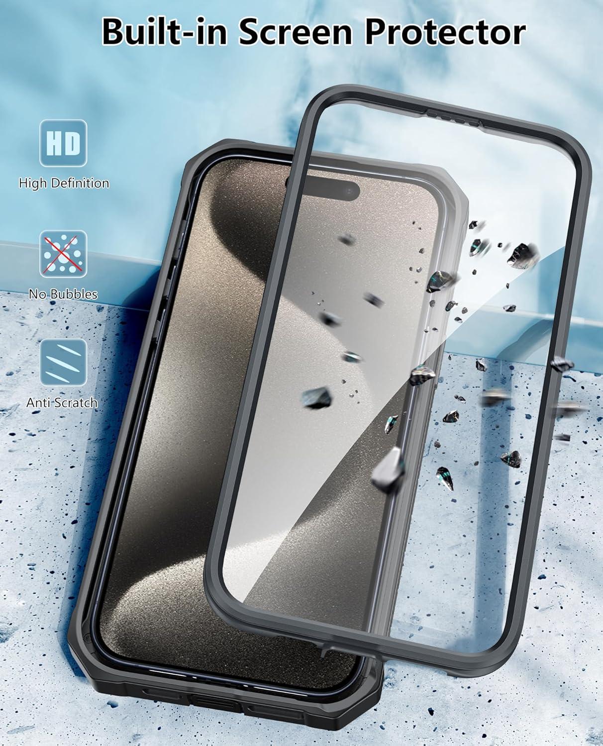 imageFNTCASE for iPhone 15ProMax Case Military Grade Drop Proof Rugged Protective Cell Phone Cover with Kickstand amp Builtin Protector Matte Textured Shockproof TPU Hybrid Bumper Cases BlackTBlack