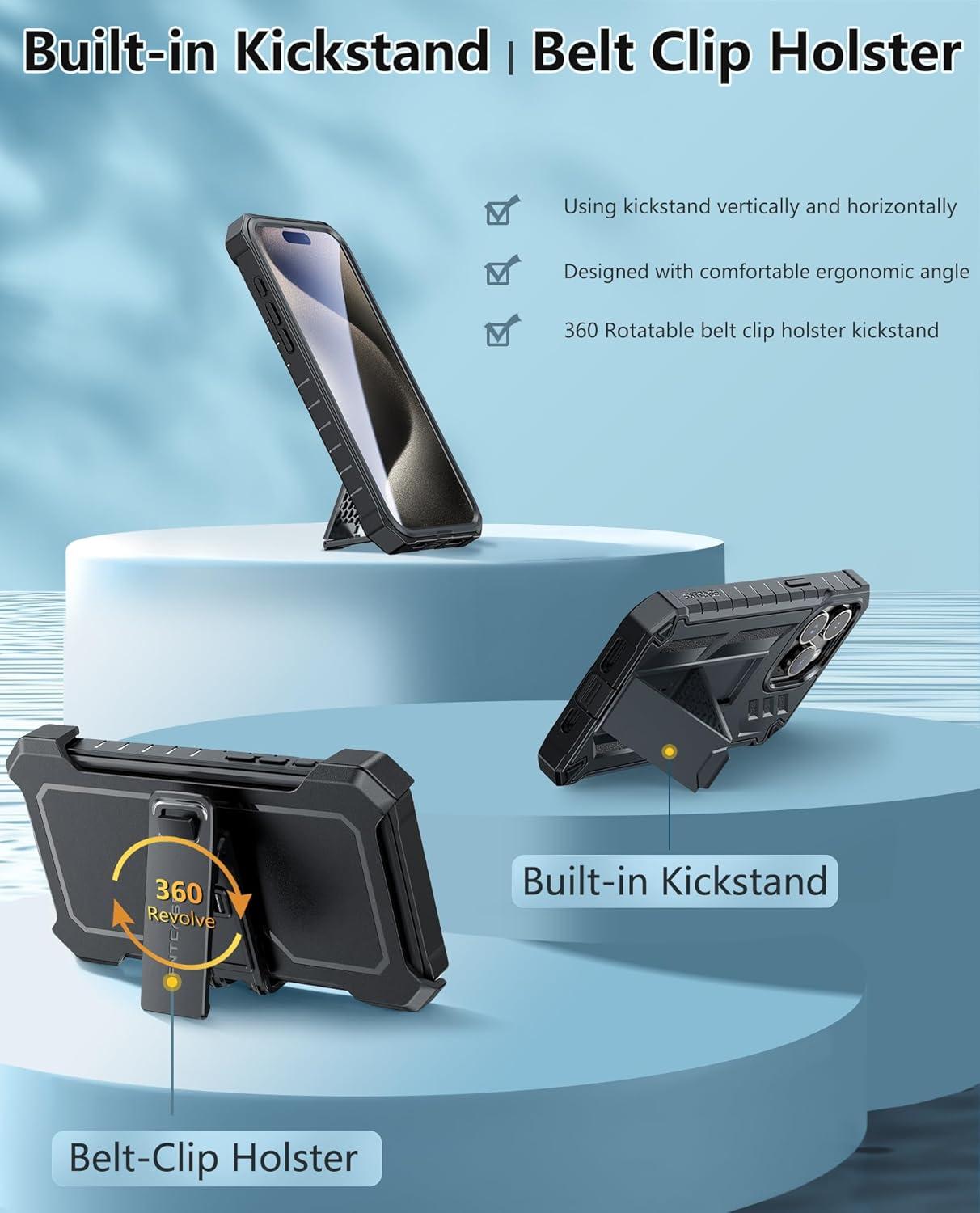 imageFNTCASE for iPhone 15ProMax Case Military Grade Drop Proof Rugged Protective Cell Phone Cover with Kickstand amp Builtin Protector Matte Textured Shockproof TPU Hybrid Bumper Cases BlackTBlack