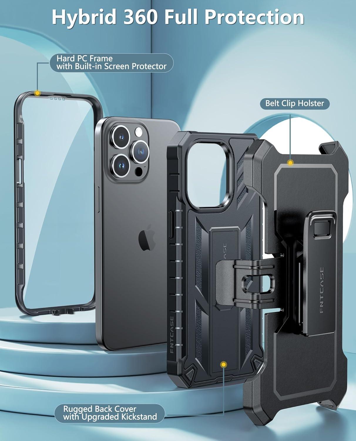 imageFNTCASE for iPhone 15ProMax Case Military Grade Drop Proof Rugged Protective Cell Phone Cover with Kickstand amp Builtin Protector Matte Textured Shockproof TPU Hybrid Bumper Cases BlackTBlack