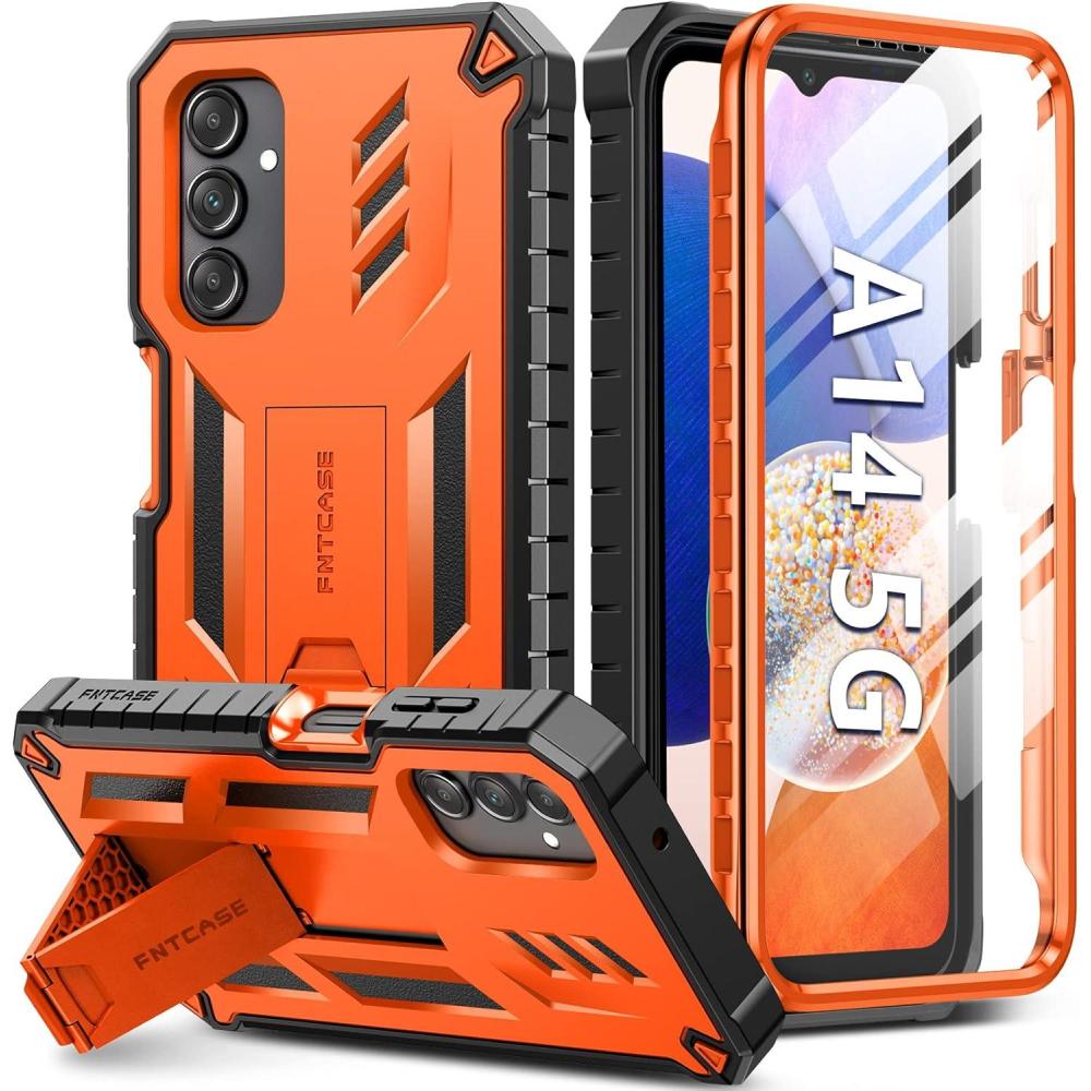 imageFNTCASE for Samsung Galaxy A145G Case DualLayer Protective Textured Shockproof Rugged TPU Cover with Kickstand Military Grade Drop Protection Heavy Duty Cell Phone Protector BlackOrange