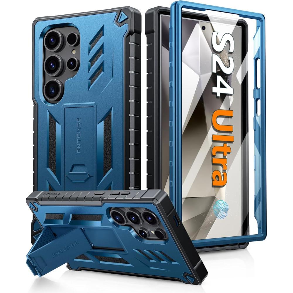 imageFNTCASE for Samsung Galaxy S24Ultra Case Military Grade Drop Proof Protection Cases with Kickstand Shockproof Rugged Hard Phonecase Heavy Duty Matte Textured Protective Cover 68 Inch BlueBlue