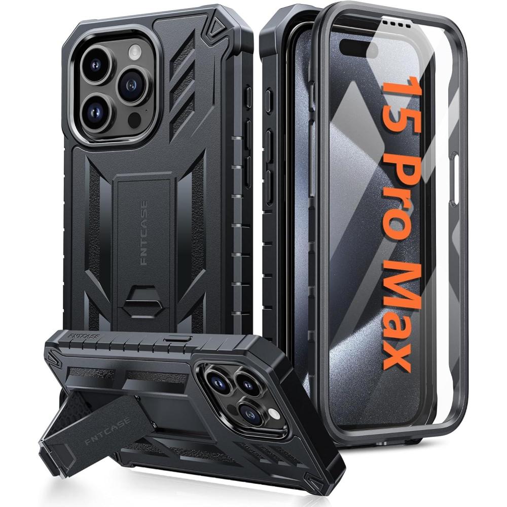 imageFNTCASE for iPhone 15ProMax Case Military Grade Drop Proof Rugged Protective Cell Phone Cover with Kickstand amp Builtin Protector  Matte Textured Shockproof TPU Hybrid Bumper Cases BlackBlack