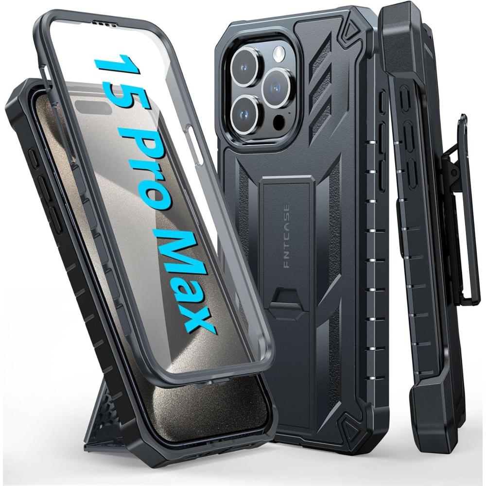 imageFNTCASE for iPhone 15ProMax Case Military Grade Drop Proof Rugged Protective Cell Phone Cover with Kickstand amp Builtin Protector  Matte Textured Shockproof TPU Hybrid Bumper Cases BlackTBlack