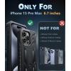 FNTCASE for iPhone 15-Pro-Max Case: Military Grade Drop Proof Rugged Protective Cell Phone Cover with Kickstand & Built-in Protector | Matte Textured Shockproof TPU Hybrid Bumper Cases (Black)(T-Black)