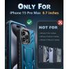 FNTCASE for iPhone 15-Pro-Max Case: Military Grade Drop Proof Rugged Protective Cell Phone Cover with Kickstand & Built-in Protector | Matte Textured Shockproof TPU Hybrid Bumper Cases (Black)(Blue)