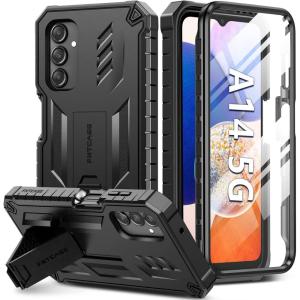 FNTCASE for Samsung Galaxy A14-5G Case: Dual-Layer Protective Textured Shockproof Rugged TPU Cover with Kickstand | Military Grade Drop Protection | Heavy Duty Cell Phone Protector – Black(Black)
