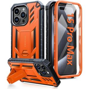 FNTCASE for iPhone 15-Pro-Max Case: Military Grade Drop Proof Rugged Protective Cell Phone Cover with Kickstand & Built-in Protector | Matte Textured Shockproof TPU Hybrid Bumper Cases (Black)(Orange)