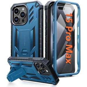 FNTCASE for iPhone 15-Pro-Max Case: Military Grade Drop Proof Rugged Protective Cell Phone Cover with Kickstand & Built-in Protector | Matte Textured Shockproof TPU Hybrid Bumper Cases (Black)(Blue)