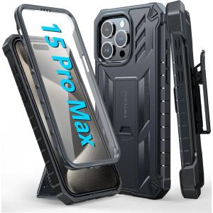 FNTCASE for iPhone 15-Pro-Max Case: Military Grade Drop Proof Rugged Protective Cell Phone Cover with Kickstand & Built-in Protector | Matte Textured Shockproof TPU Hybrid Bumper Cases (Black)(T-Black)
