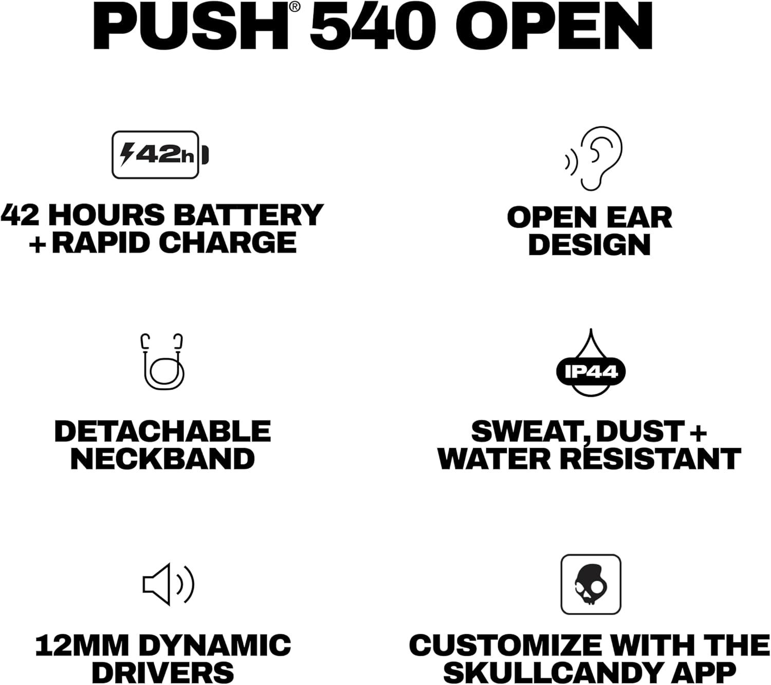 imageSkullcandy Push 540 Open Wireless OpenEar Bluetooth Earbuds Headphones Sweat and Water Resistant 42 Hours Battery Detachable Neckband Secure Fit Microphone for iPhone Android BonePlasma