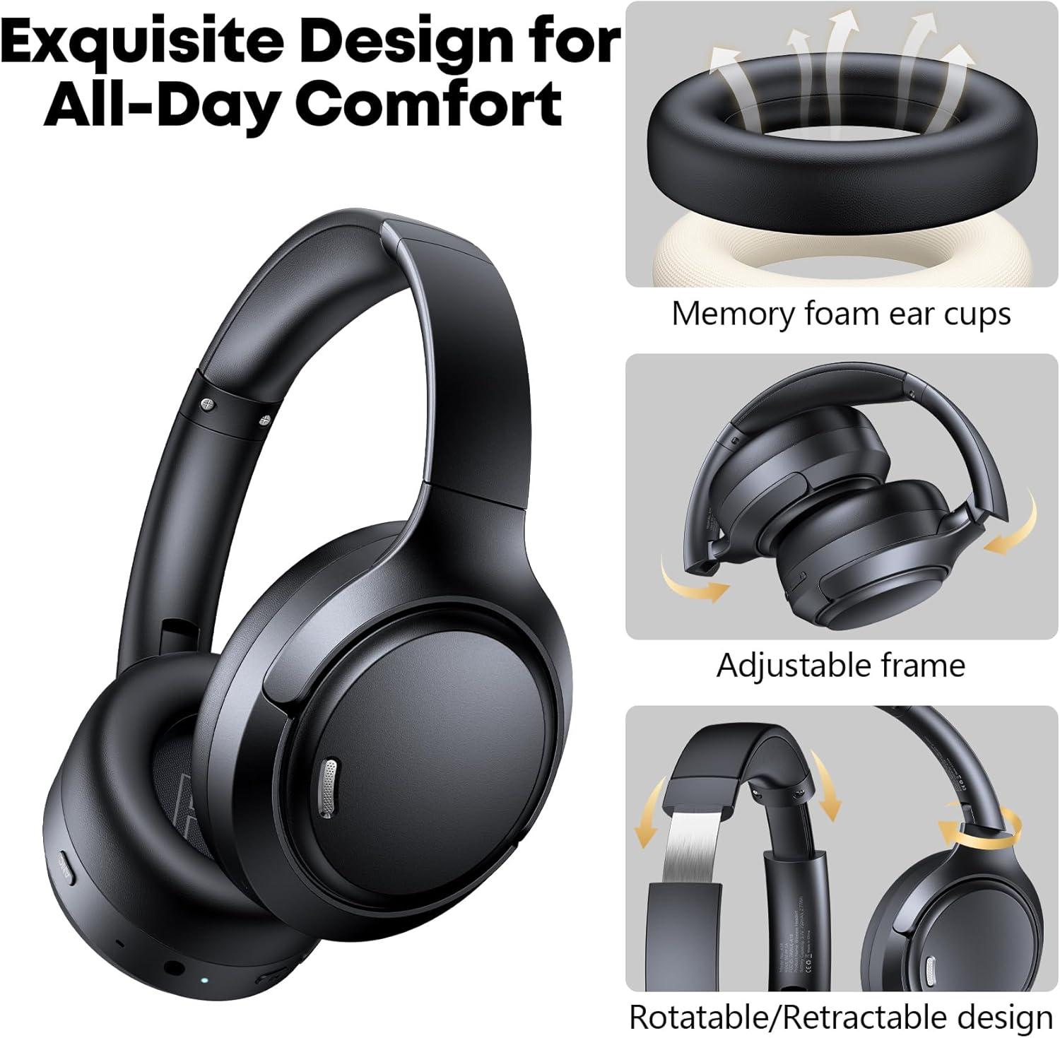 imageHybrid Active Noise Cancelling Headphones 120H Long Playtime 6 ENC Mic Wireless OverEar Bluetooth 60 HeadphonesHiRes Audio Memory Foam Earcup Transparency Mode ANC Headphone for Travel OfficeBlack