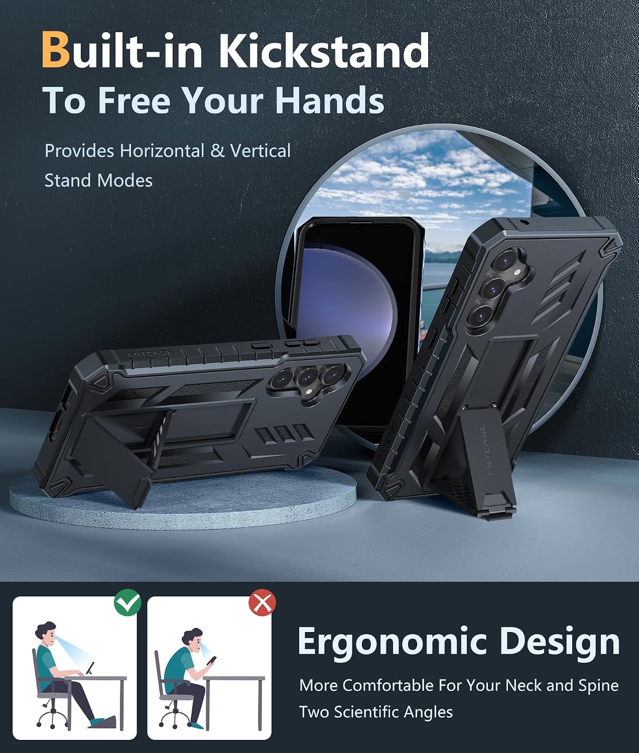 image:imageFNTCASE for Samsung Galaxy S23FE Case Military Grade Protective Hard Phone Case with Kickstand Screen Protector Shockproof TPU Full Protection Drop Proof Phone Cover for Galaxy S23 FE 5G BlackBlack