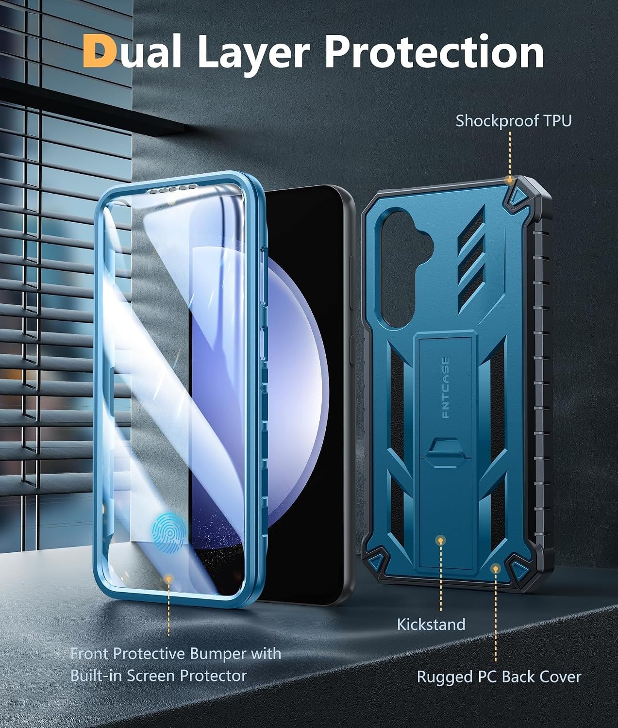 image:imageFNTCASE for Samsung Galaxy S23FE Case Military Grade Protective Hard Phone Case with Kickstand Screen Protector Shockproof TPU Full Protection Drop Proof Phone Cover for Galaxy S23 FE 5G BlackBlue