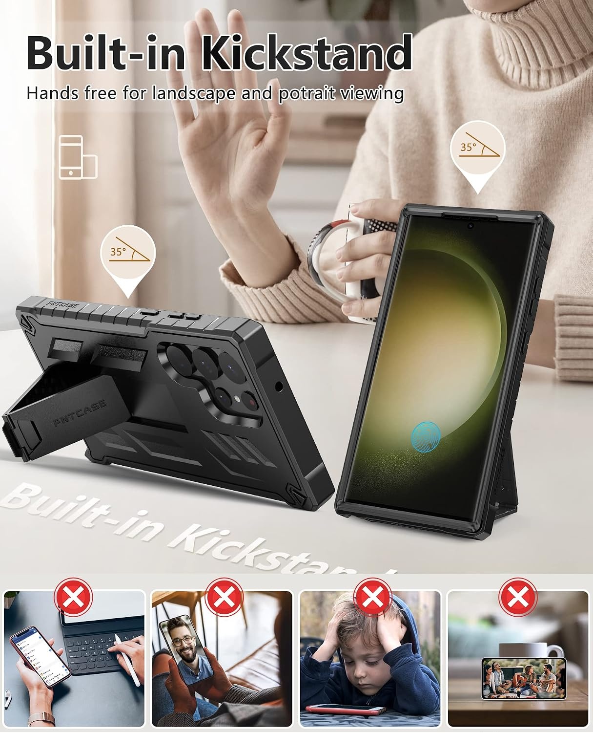 image:imageFNTCASE for Samsung Galaxy S23Ultra Case Military Grade Drop Proof Protection Mobile Cover with Kickstand Matte Textured Rugged Shockproof TPU Protective Sturdy Phone Case Black 68 inchBlack