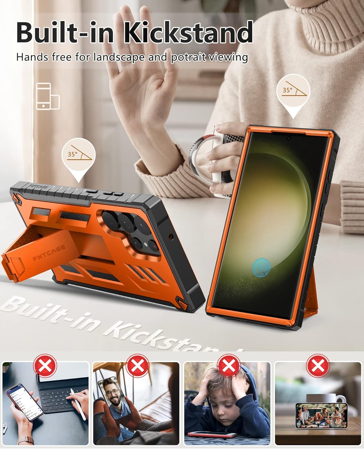 image:imageFNTCASE for Samsung Galaxy S23Ultra Case Military Grade Drop Proof Protection Mobile Cover with Kickstand Matte Textured Rugged Shockproof TPU Protective Sturdy Phone Case Black 68 inchOrange