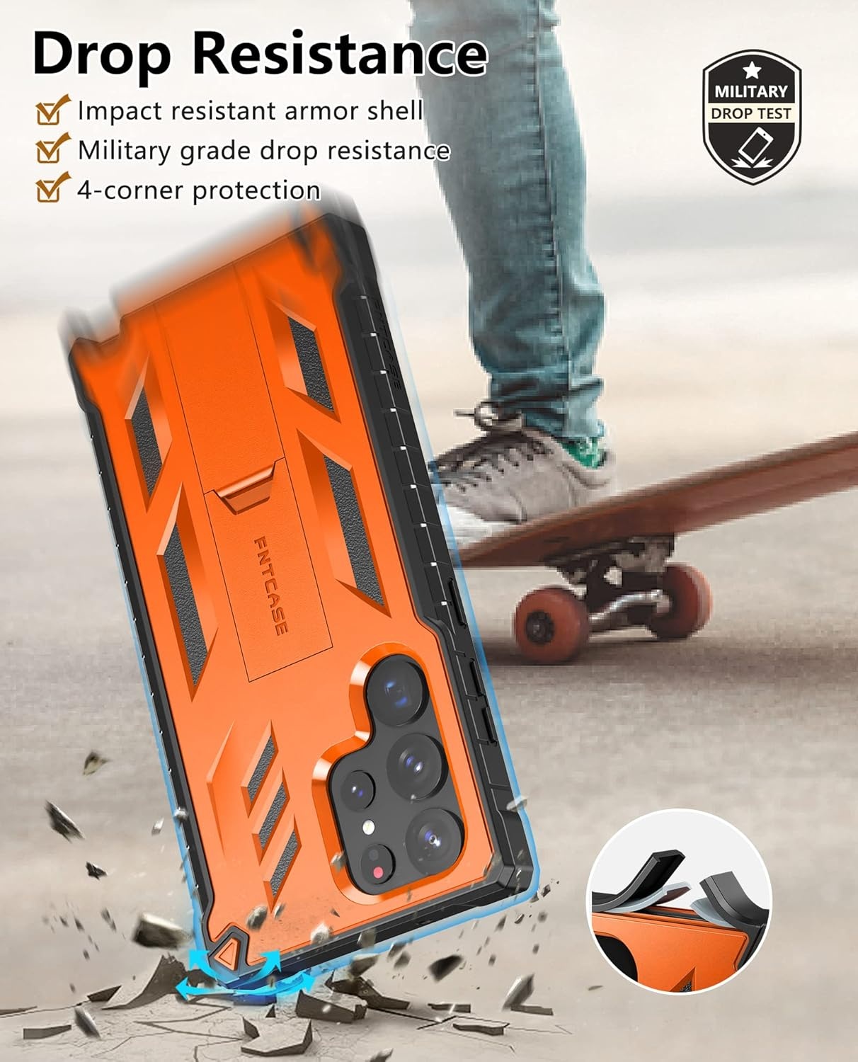 image:imageFNTCASE for Samsung Galaxy S23Ultra Case Military Grade Drop Proof Protection Mobile Cover with Kickstand Matte Textured Rugged Shockproof TPU Protective Sturdy Phone Case Black 68 inchOrange