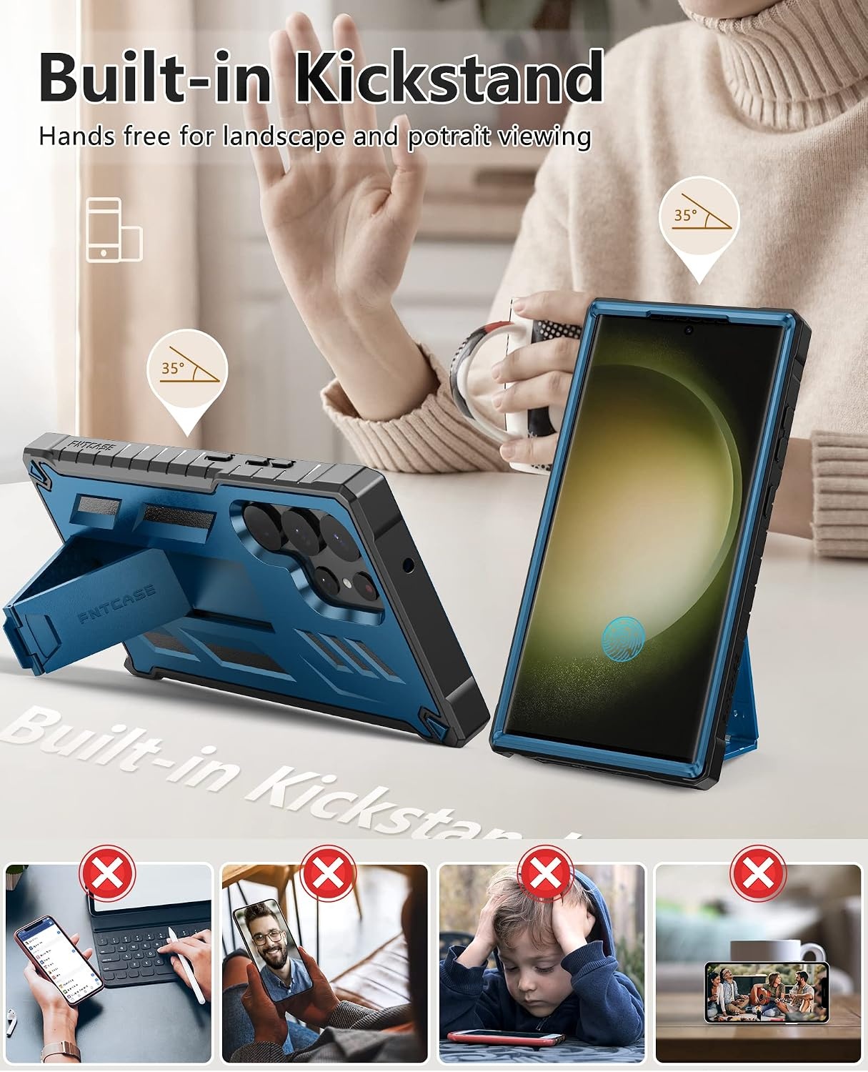 image:imageFNTCASE for Samsung Galaxy S23Ultra Case Military Grade Drop Proof Protection Mobile Cover with Kickstand Matte Textured Rugged Shockproof TPU Protective Sturdy Phone Case Black 68 inchBlue