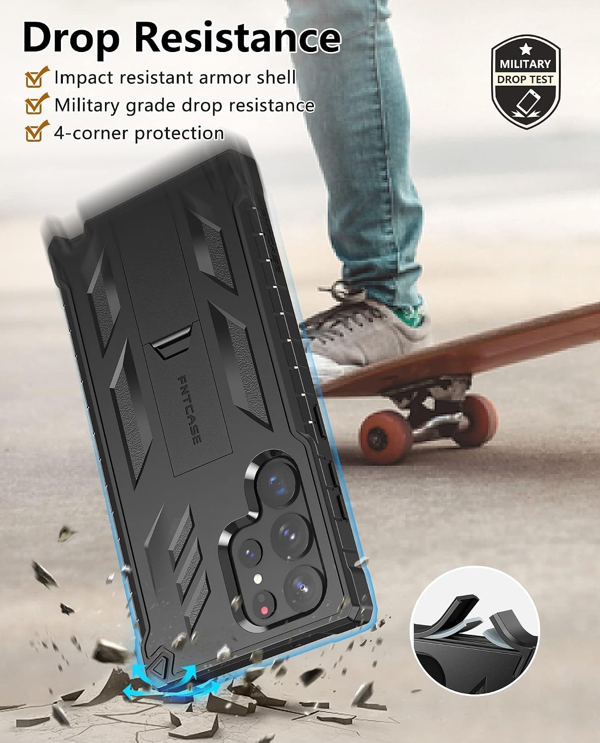 image:imageFNTCASE for Samsung Galaxy S23Ultra Case Military Grade Drop Proof Protection Mobile Cover with Kickstand Matte Textured Rugged Shockproof TPU Protective Sturdy Phone Case Black 68 inchBlack