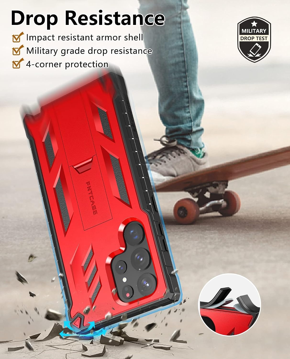 image:imageFNTCASE for Samsung Galaxy S23Ultra Case Military Grade Drop Proof Protection Mobile Cover with Kickstand Matte Textured Rugged Shockproof TPU Protective Sturdy Phone Case Black 68 inchRed