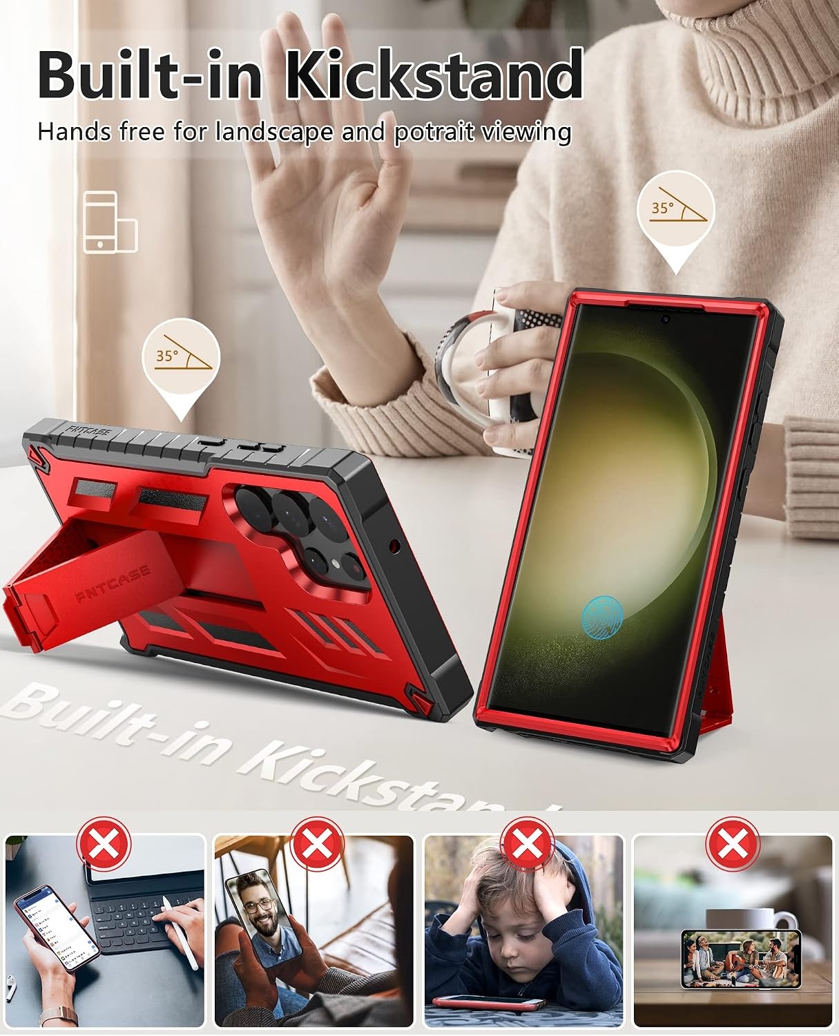 image:imageFNTCASE for Samsung Galaxy S23Ultra Case Military Grade Drop Proof Protection Mobile Cover with Kickstand Matte Textured Rugged Shockproof TPU Protective Sturdy Phone Case Black 68 inchRed