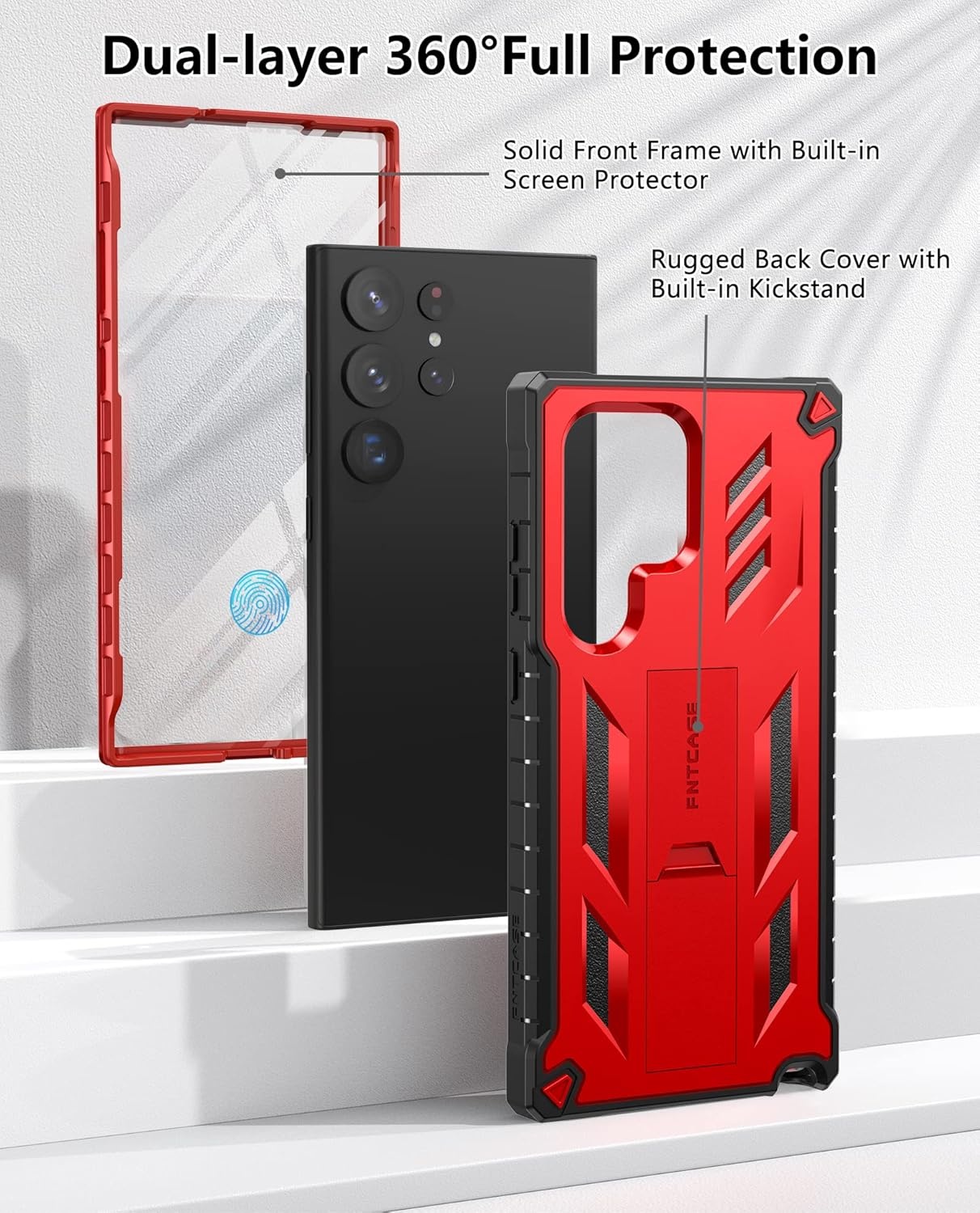 image:imageFNTCASE for Samsung Galaxy S23Ultra Case Military Grade Drop Proof Protection Mobile Cover with Kickstand Matte Textured Rugged Shockproof TPU Protective Sturdy Phone Case Black 68 inchRed