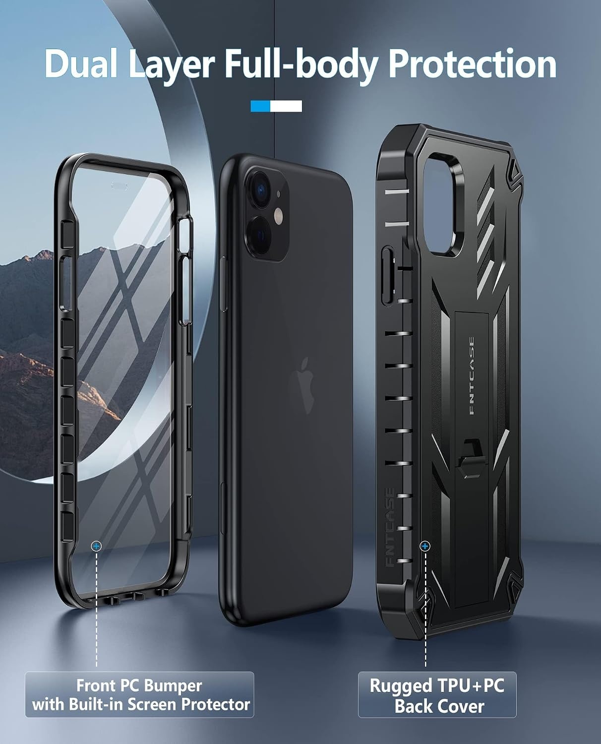 image:imageFNTCASE for iPhone 11 Phone Case for iPhone XR Case Builtin Screen Protector amp Kickstand Military Grade Drop Protection Heavy Duty Full Protective Shockproof TPU Rugged Phone Cover BlackBlack