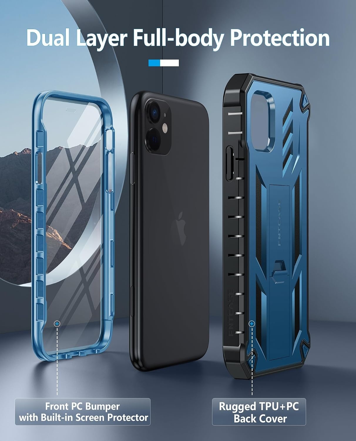 image:imageFNTCASE for iPhone 11 Phone Case for iPhone XR Case Builtin Screen Protector amp Kickstand Military Grade Drop Protection Heavy Duty Full Protective Shockproof TPU Rugged Phone Cover BlackBlue