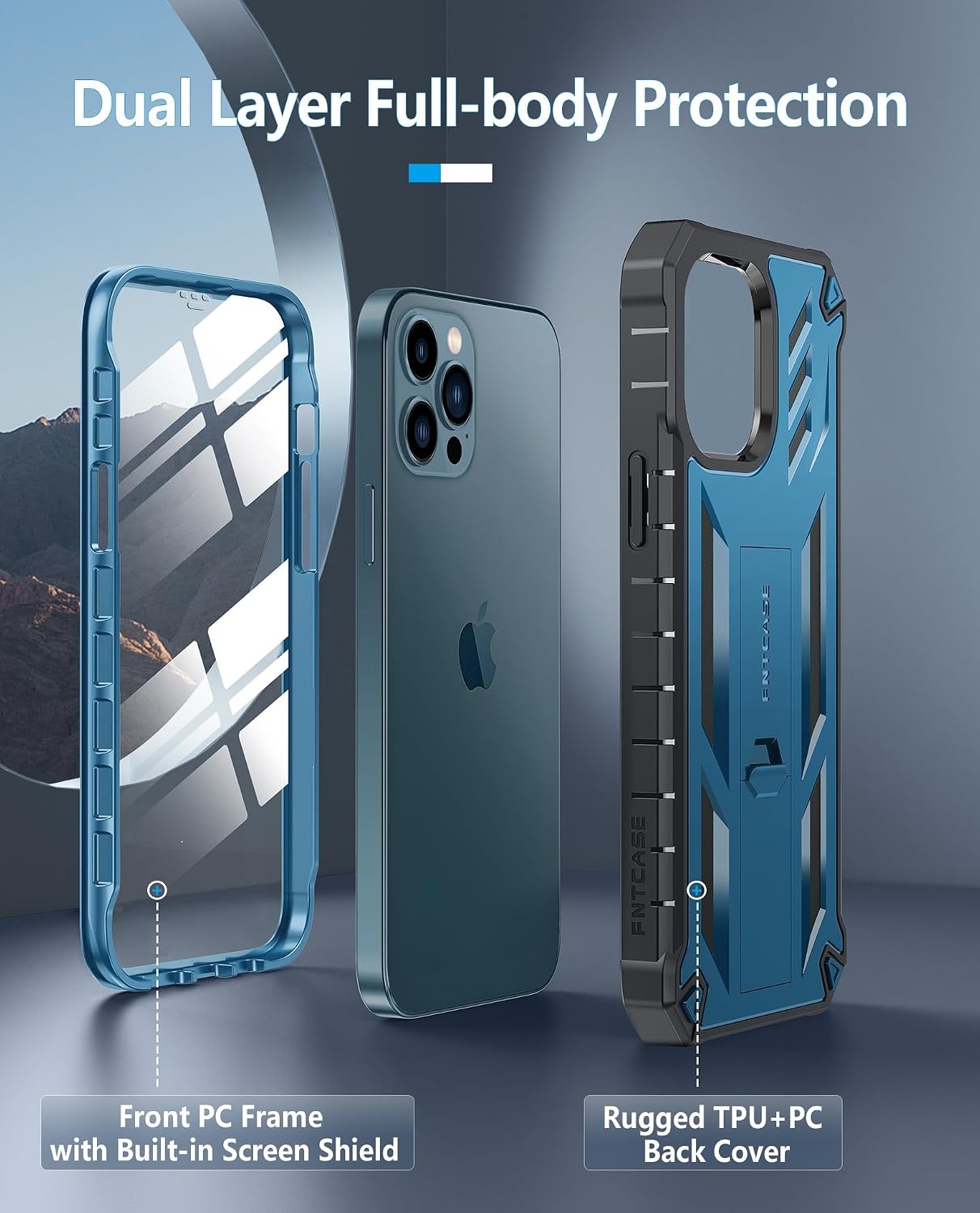 image:imageFNTCASE for iPhone 12 Pro Max Case Builtin Screen Protector amp Kickstand Military Grade Drop Protection Heavy Duty Full Protective Matte Textured Shockproof TPU Rugged Phone Cover BlackBlue