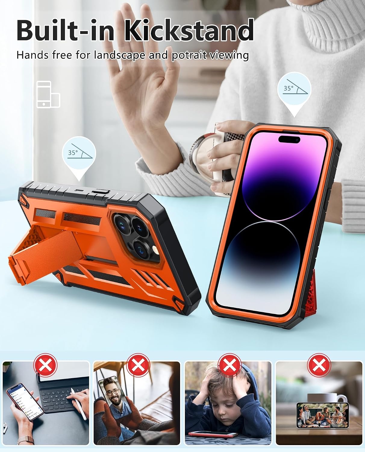 image:imageFNTCASE for iPhone 14 Pro Max Case Military Grade Rugged Cell Phone Cover with Kickstand Shockproof TPU Protection Bumper Matte Textured Design for iPhone 14 Pro Max Cases 67 inchOrange