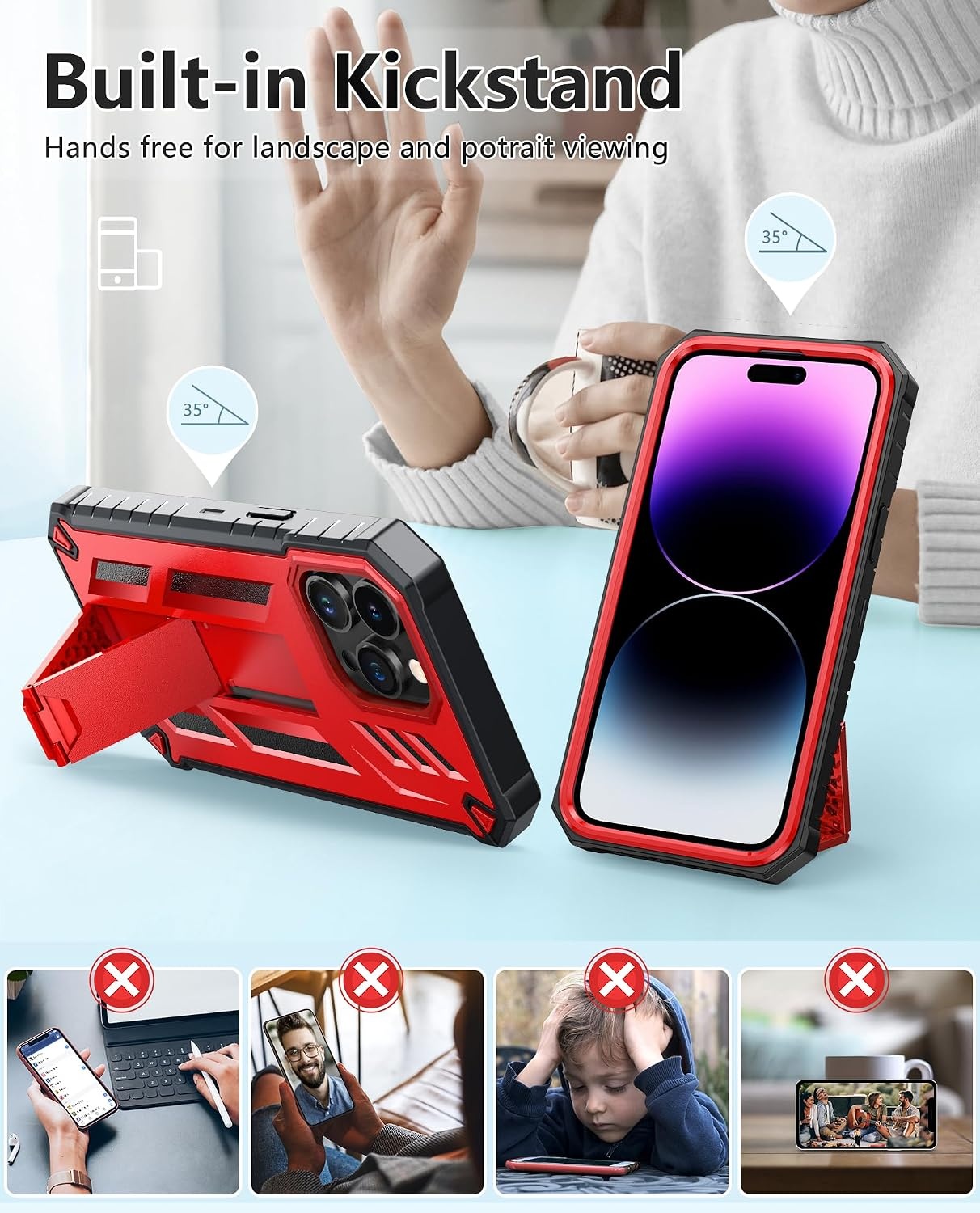 image:imageFNTCASE for iPhone 14 Pro Max Case Military Grade Rugged Cell Phone Cover with Kickstand Shockproof TPU Protection Bumper Matte Textured Design for iPhone 14 Pro Max Cases 67 inchKickstand Red