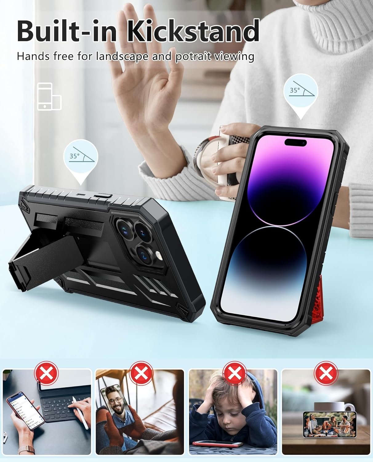 image:imageFNTCASE for iPhone 14 Pro Max Case Military Grade Rugged Cell Phone Cover with Kickstand Shockproof TPU Protection Bumper Matte Textured Design for iPhone 14 Pro Max Cases 67 inchKickstand Black