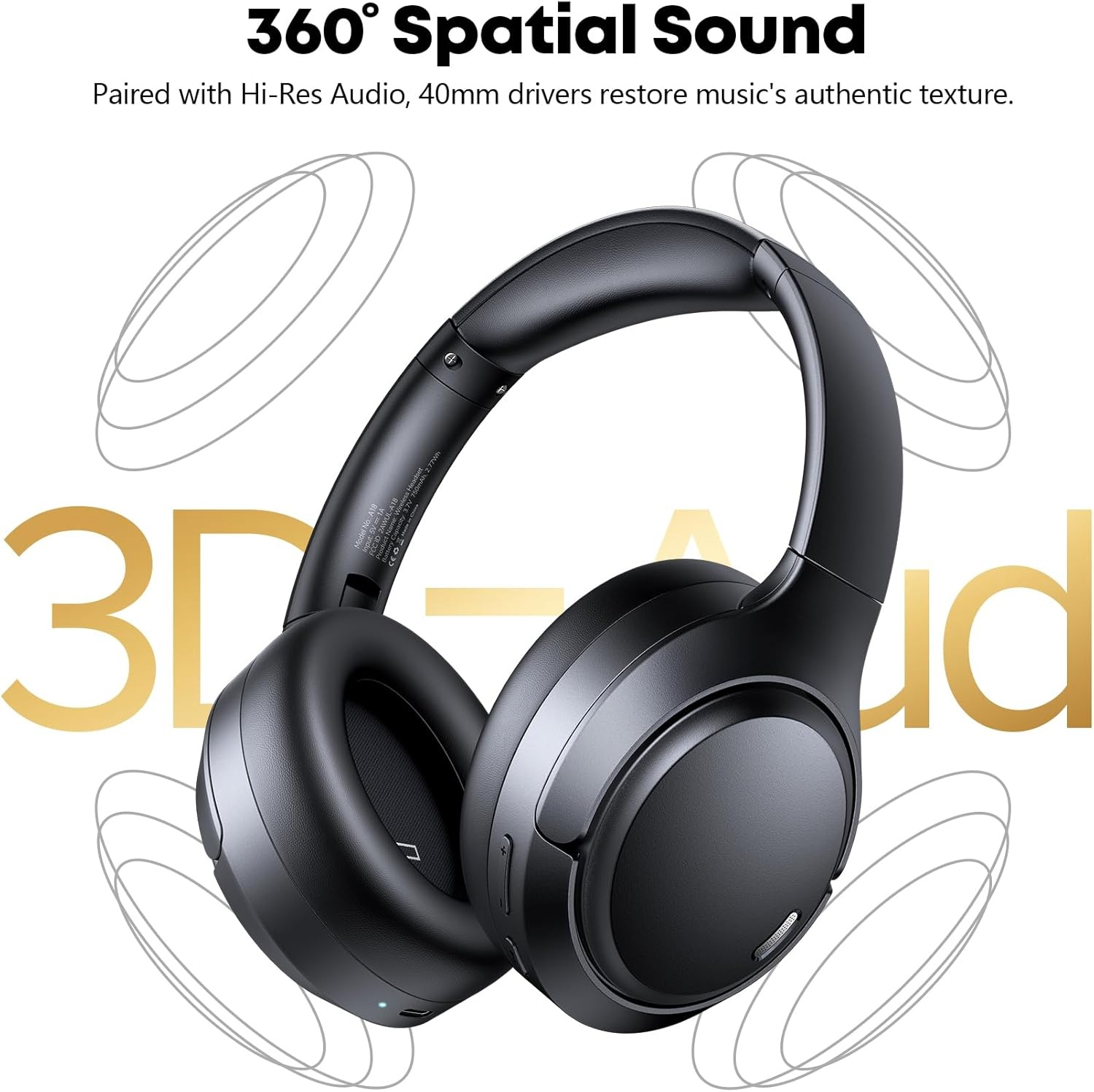 image:imageHybrid Active Noise Cancelling Headphones 120H Long Playtime 6 ENC Mic Wireless OverEar Bluetooth 60 Headphones HiRes Audio Memory Foam Earcup Transparency Mode ANC Headphone for Travel OfficeBlack