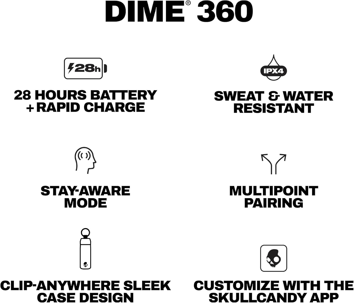 image:imageSkullcandy Dime 360 Wireless Earbuds Bluetooth Headphones Noise Isolating Fit Up to 28 Hours Battery Microphone for iPhone Android Easy Carry with ClipAnywhere Case True BlackTrue Black